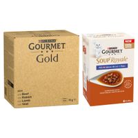 96 x 85 g Gourmet Gold + 48 x 45 g Soup Royale Selezione di pesce Gratis!
