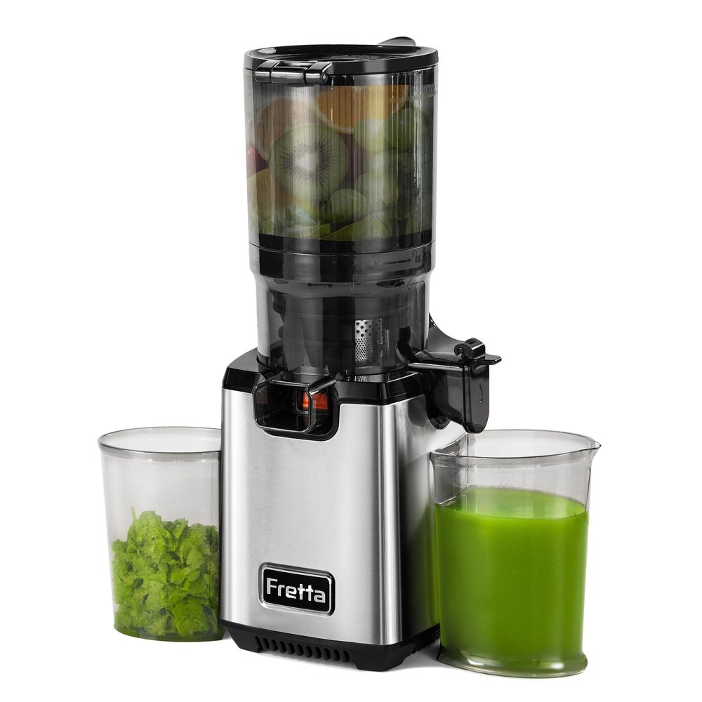 Fretta Extracteurs de Jus, 250W, Corps en acier inoxydable (Sliver) | Extraction lente à froid，pour fruits et légumes entiers, haut rendement, nettoyage facile, inversion automatique