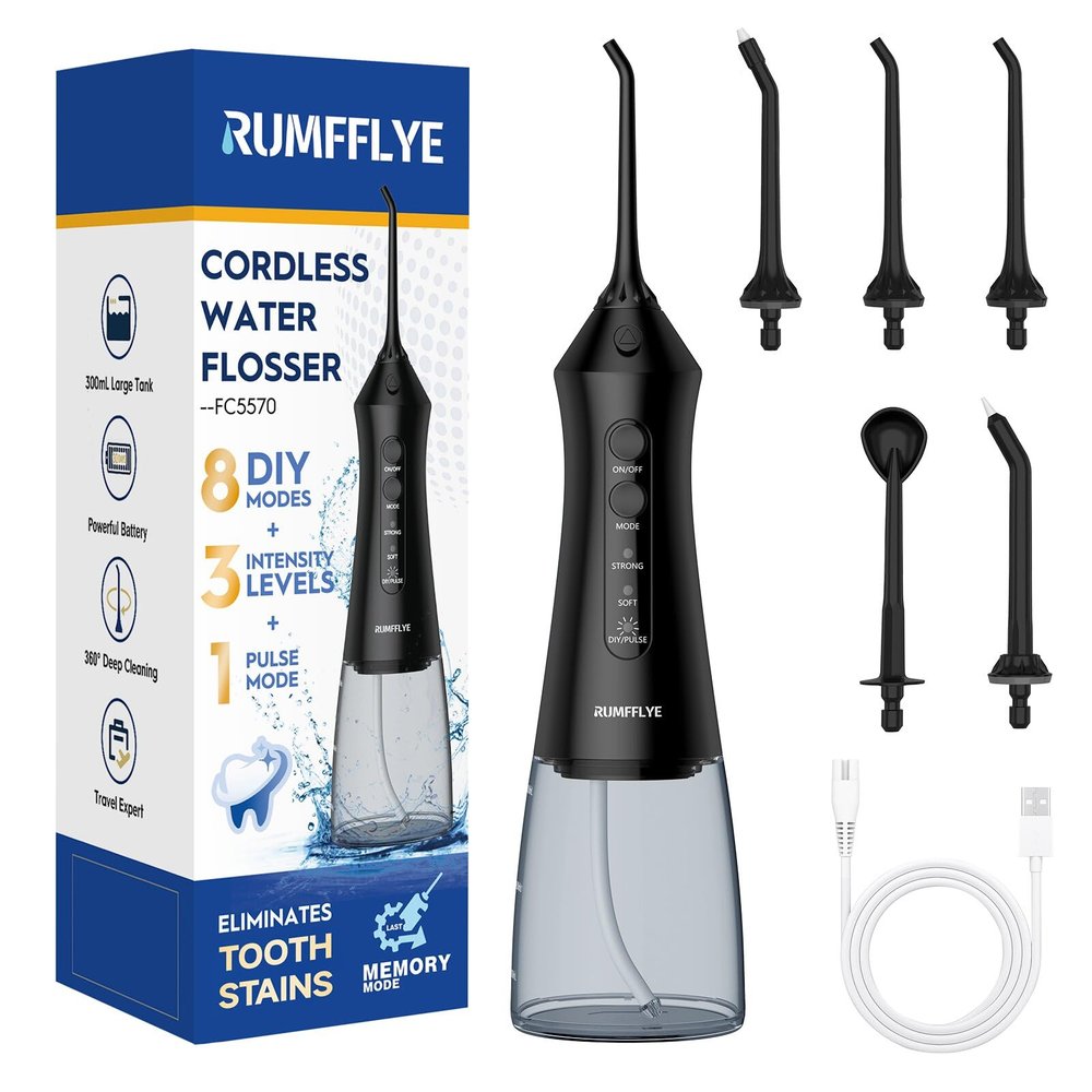 RUMFFLYE Jet Dentaire Hydropulseur et Irrigateurs Water Flosser 12 Modes | Detartreur Dentaire 300ML Oral Sans Fil Nettoyeur Dent Irrigateur Pulseur Jet Interdentaire Portable IPX7 Voyage (Noir)