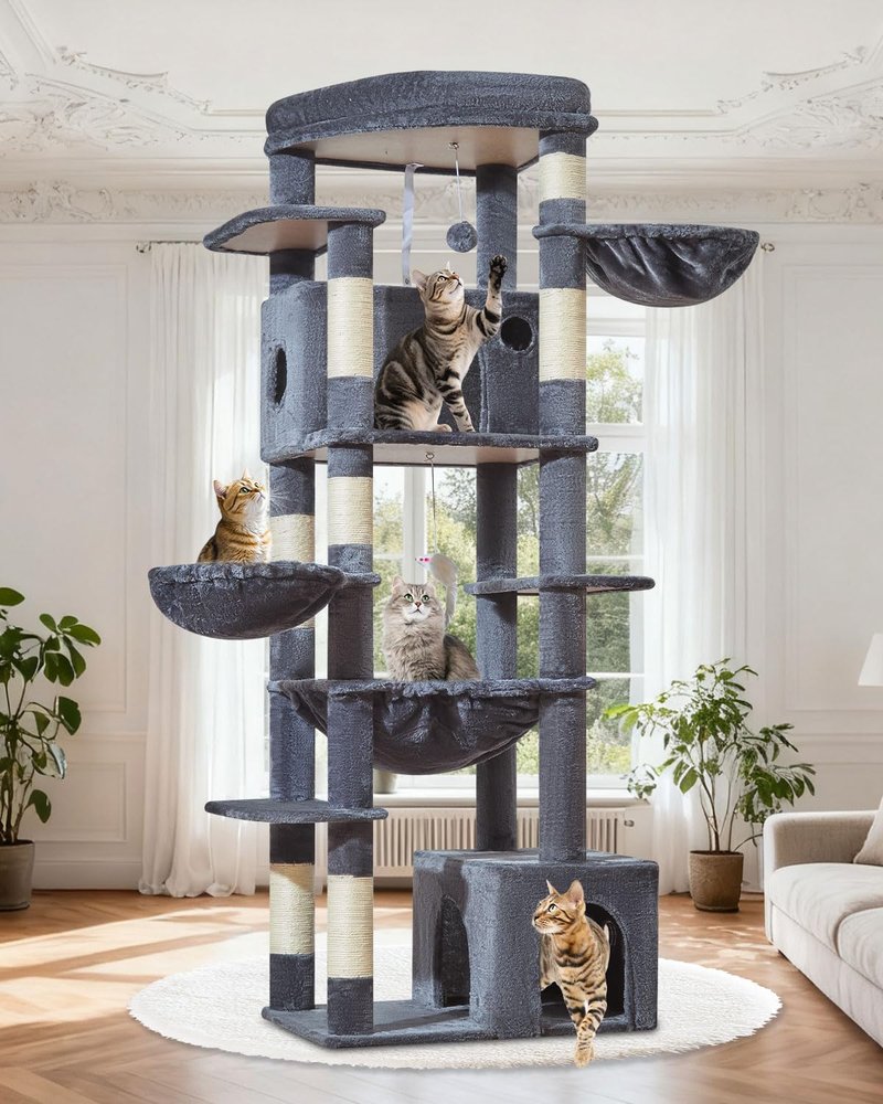 Taoqimiao 182 cm Katträd Stor XXL, Klösträd för Stora Katter, Stabil Klösträd Maine Coon med 2 Katthus, Hängmatta, Stor Plattform, 7 Klösstolpar, 2 Korgar, F20G Rökfärgad