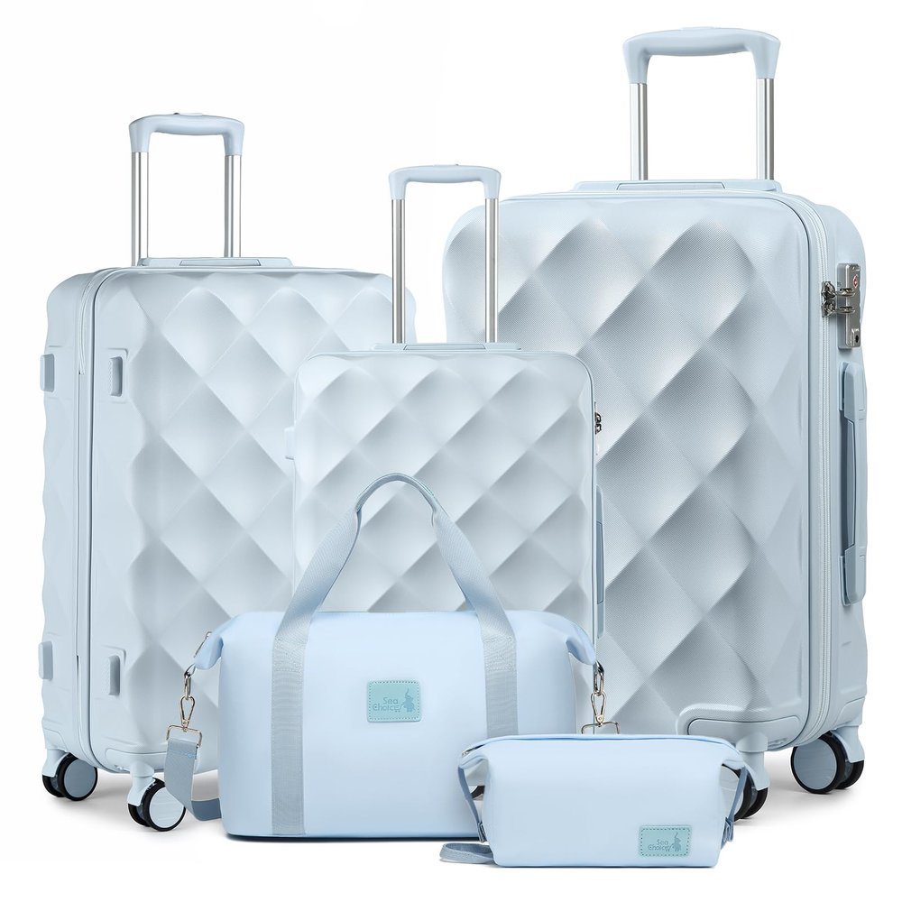 Sea choice Set de 5 Valise de Voyage ABS Bagages et Trousse de Toilette | Lot de 3 Bagage (55/65/76cm),Motif Losanges Élégant Design,Légère Trolleyset avec Serrure TSA & 4 roulettes Pivotantes,M/L/XL