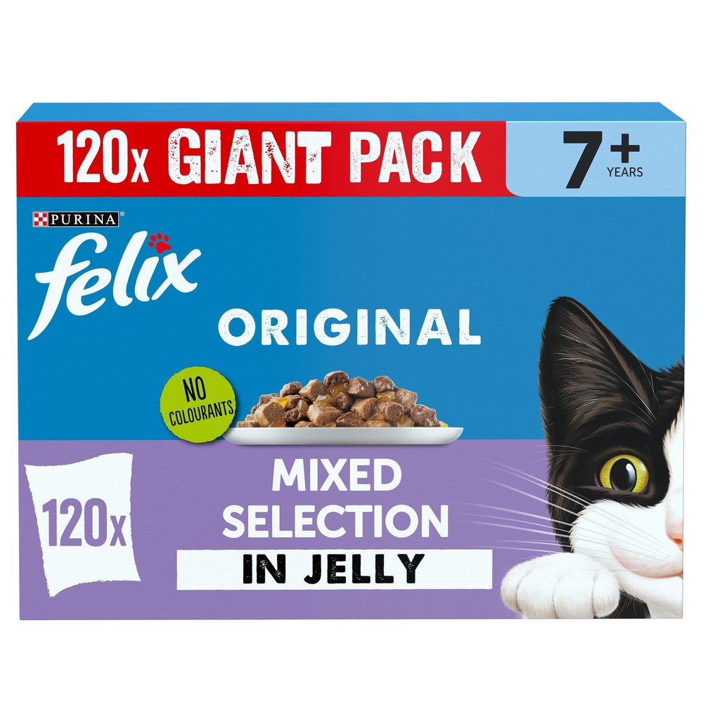 FELIX Original Senior 7+ Wet Cat Food – Mixed Selection in Jelly – 120 x 85g Pouches – Chicken, Lamb, Salmon & White Fish – Complete Nutrition for Older Cats