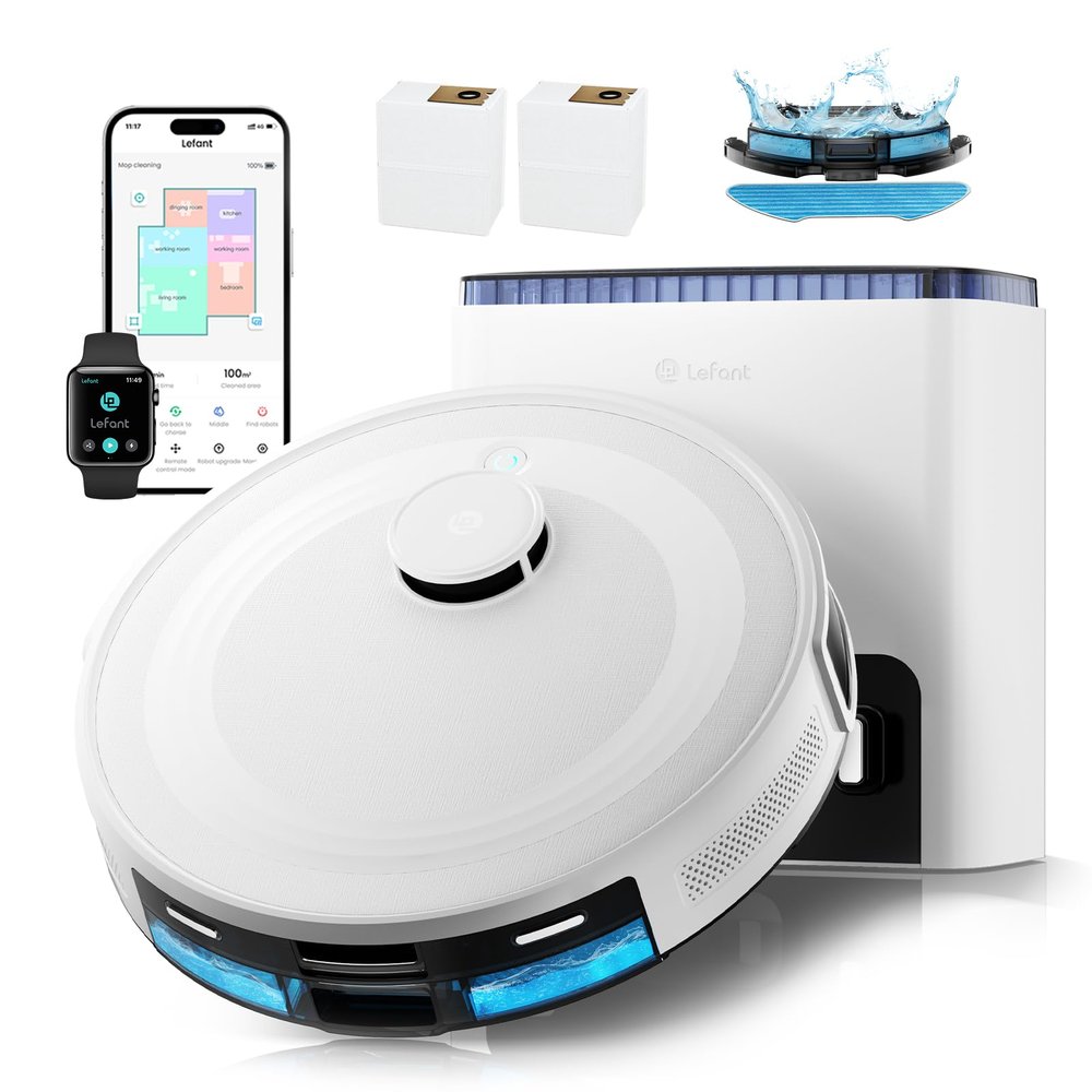 Lefant M2L Plus Robot Aspirador y Fregasuelos con Vaciado Automático Polvo | 6000Pa, 130min Autonomía, Navegación Láser dToF, Mapeo del Hogar, Limpieza Personalizada, WiFi 2,4G/5G/Alexa/App, Blanco